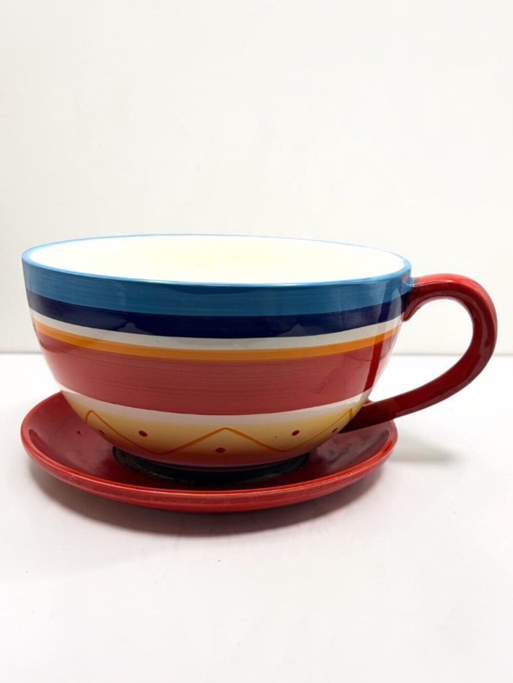 222 Decor Oversized Ceramic Teacup Saucer Planter Colorful Striped Garden Decor